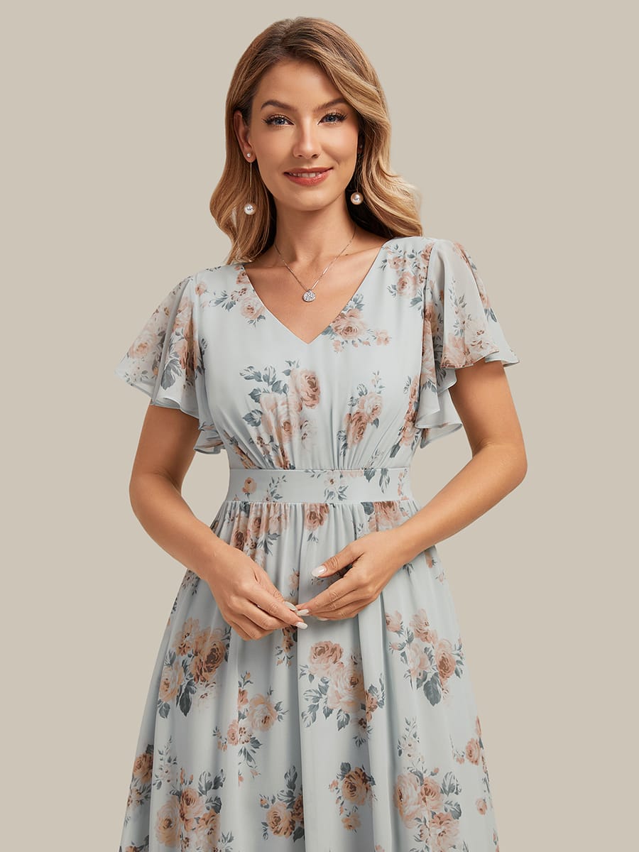 Chiffon Ruffle Sleeve A-line Dress #color_Amber Bloom