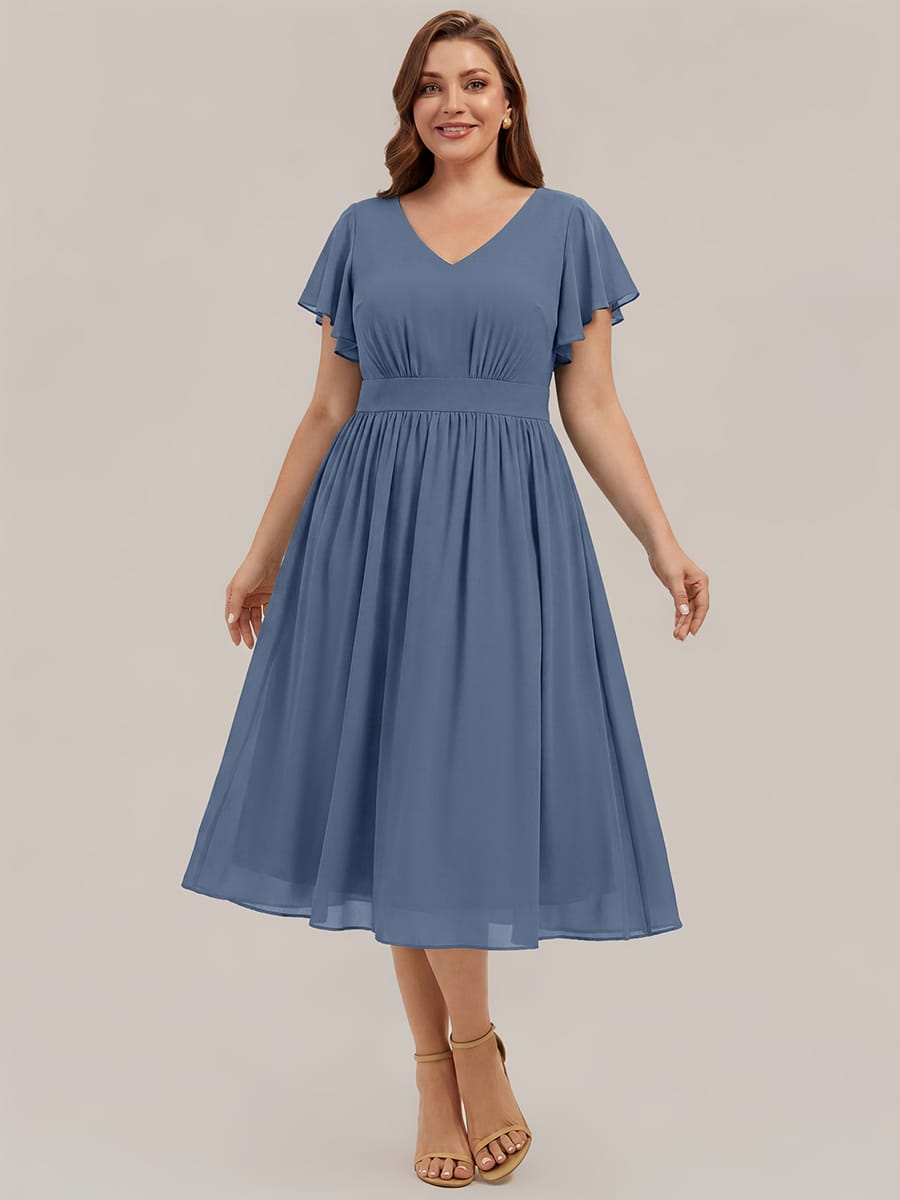 Chiffon Ruffle Sleeve A-line Dress #color_Dusty Blue