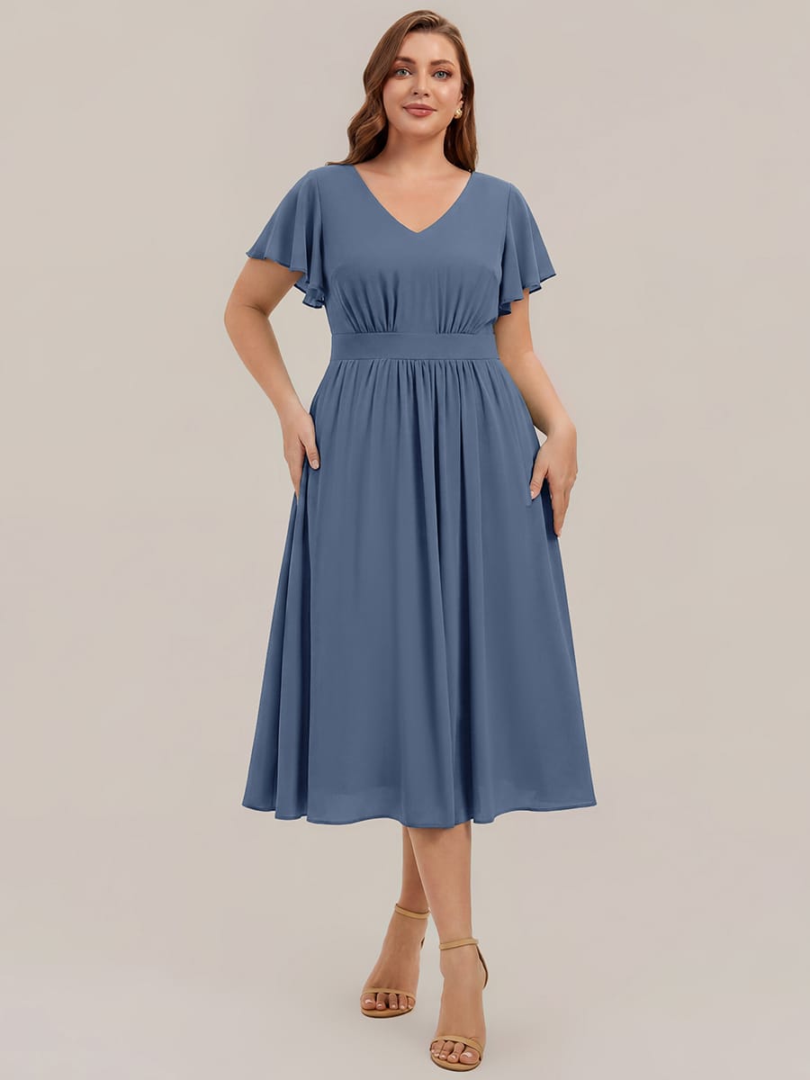 Chiffon Ruffle Sleeve A-line Dress #color_Dusty Blue