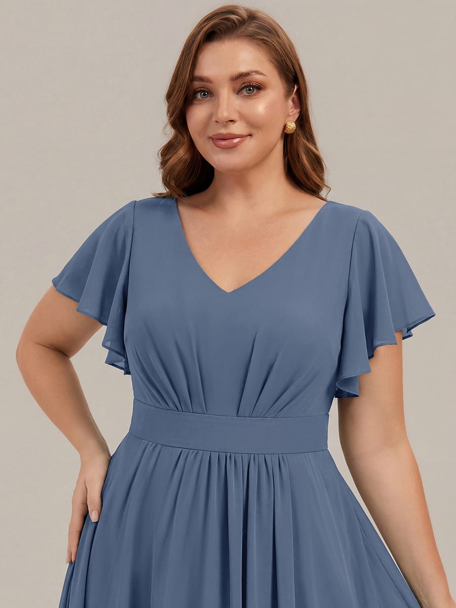 Chiffon Ruffle Sleeve A-line Dress #color_Dusty Blue
