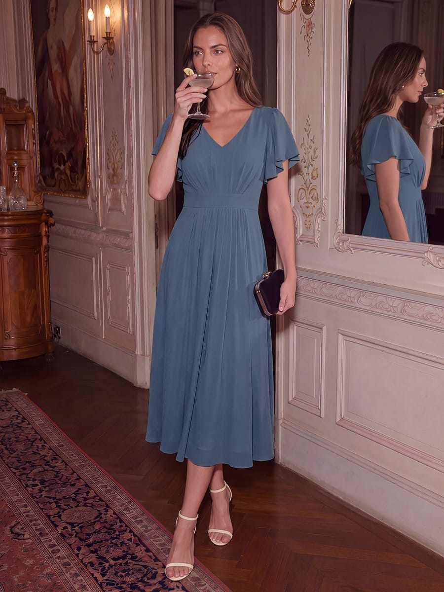 Chiffon Ruffle Sleeve A-line Dress #color_Dusty Blue