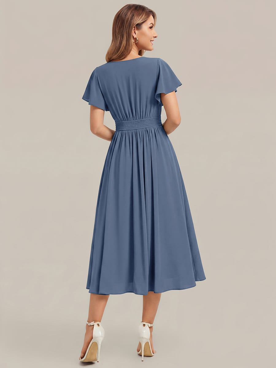 Chiffon Ruffle Sleeve A-line Dress #color_Dusty Blue