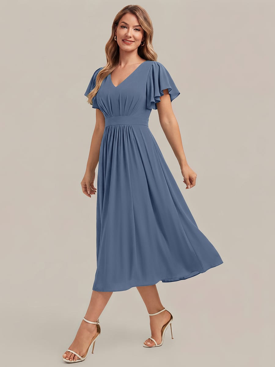 Chiffon Ruffle Sleeve A-line Dress #color_Dusty Blue