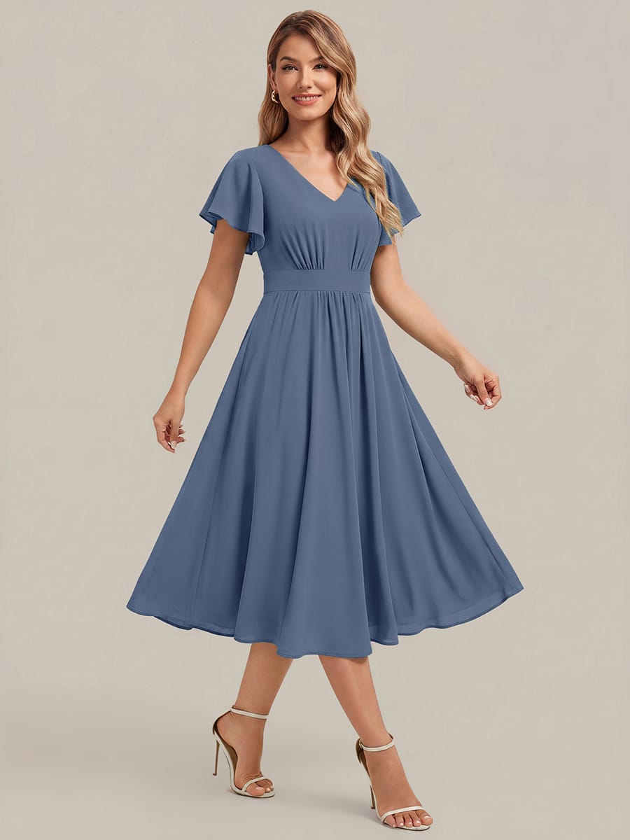 Chiffon Ruffle Sleeve A-line Dress #color_Dusty Blue