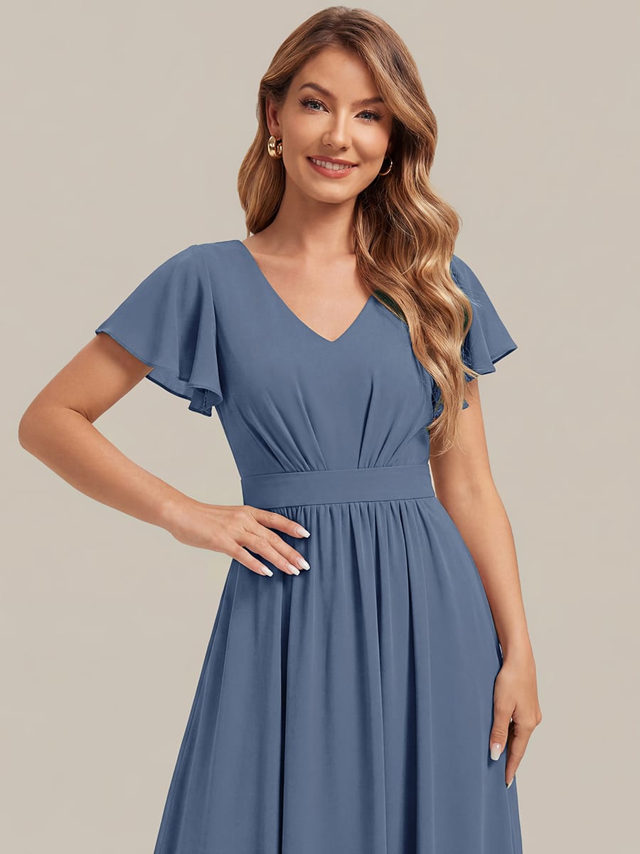 Chiffon Ruffle Sleeve A-line Dress #color_Dusty Blue