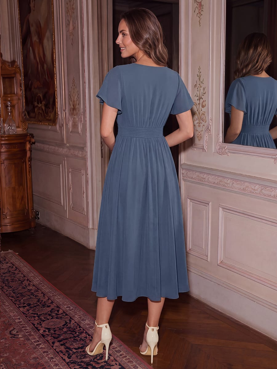 Chiffon Ruffle Sleeve A-line Dress #color_Dusty Blue