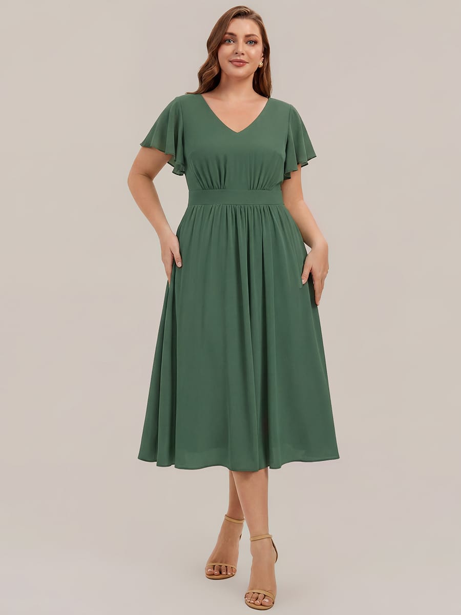 Chiffon Ruffle Sleeve A-line Dress #color_Eucalyptus Green