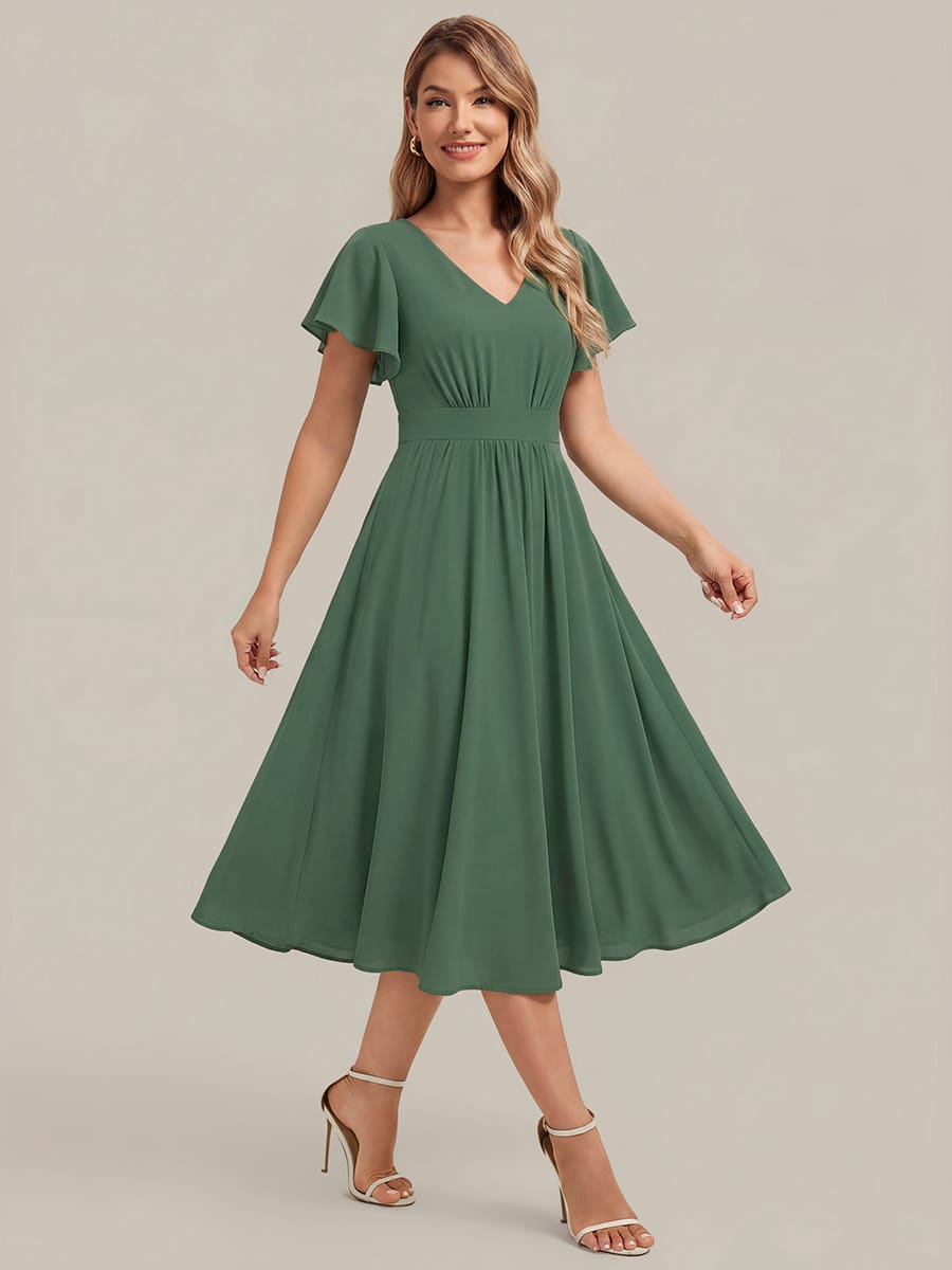 Chiffon Ruffle Sleeve A-line Dress #color_Eucalyptus Green