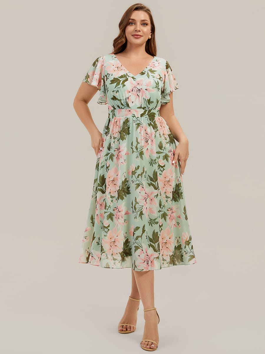 Chiffon Ruffle Sleeve A-line Dress #color_Green Floral