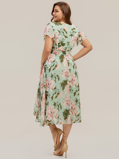 Chiffon Ruffle Sleeve A-line Dress #color_Light Green Floral