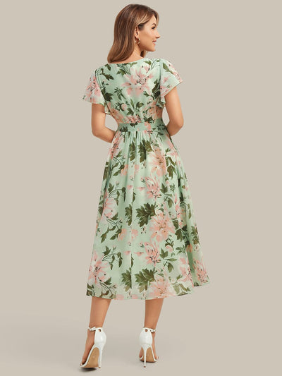 Chiffon Ruffle Sleeve A-line Dress #color_Light Green Floral