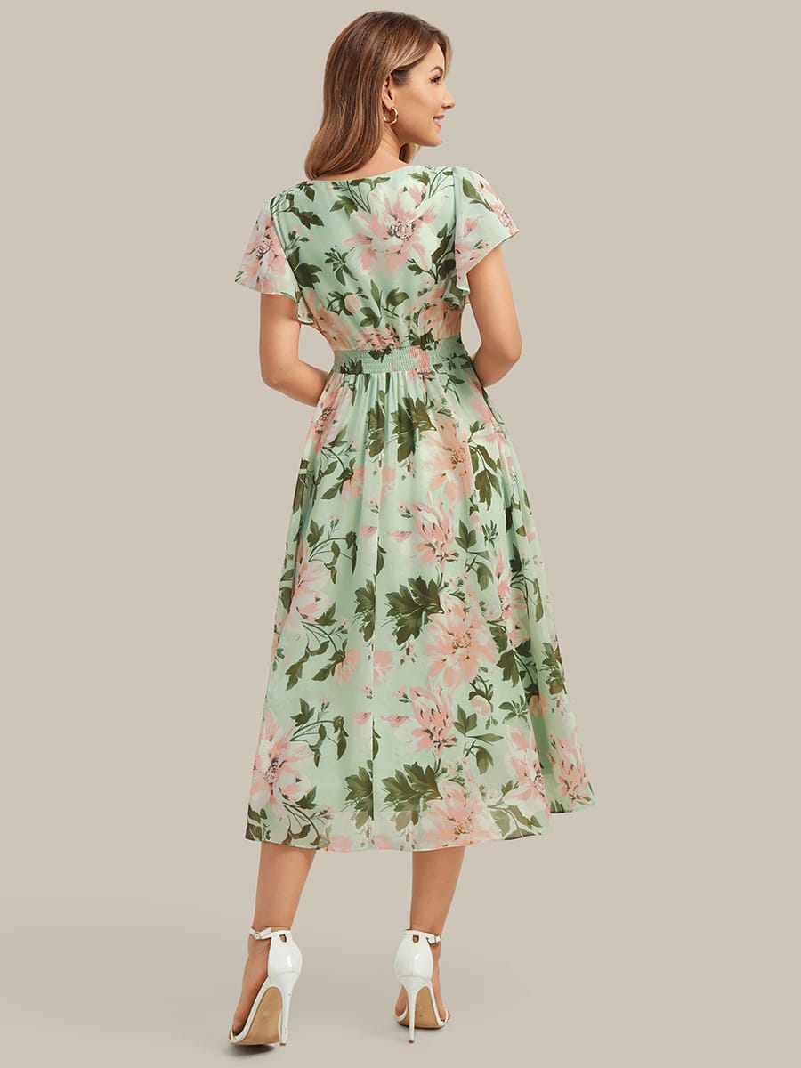 Chiffon Ruffle Sleeve A-line Dress #color_Green Floral