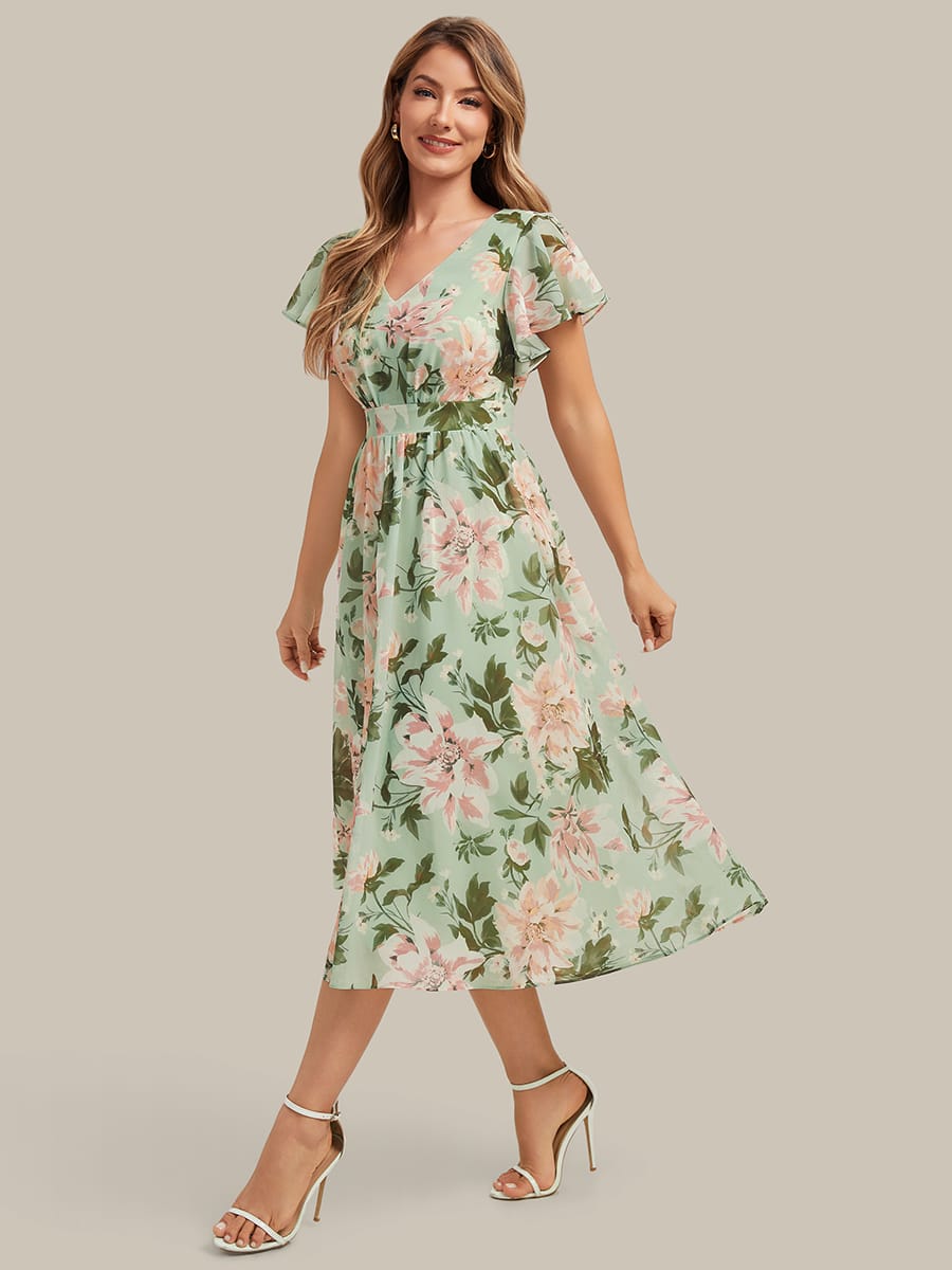 Chiffon Ruffle Sleeve A-line Dress #color_Green Floral