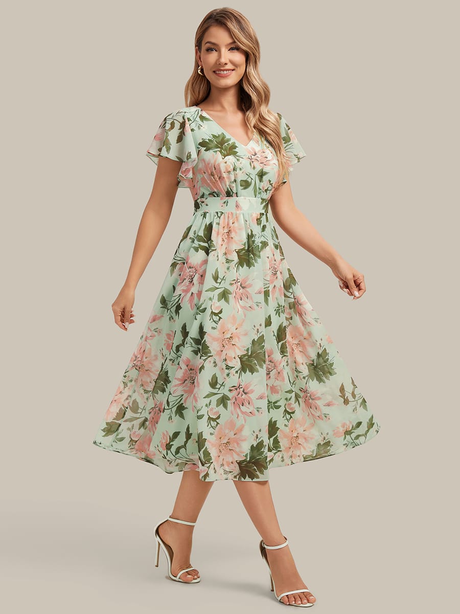 Chiffon Ruffle Sleeve A-line Dress #color_Green Floral