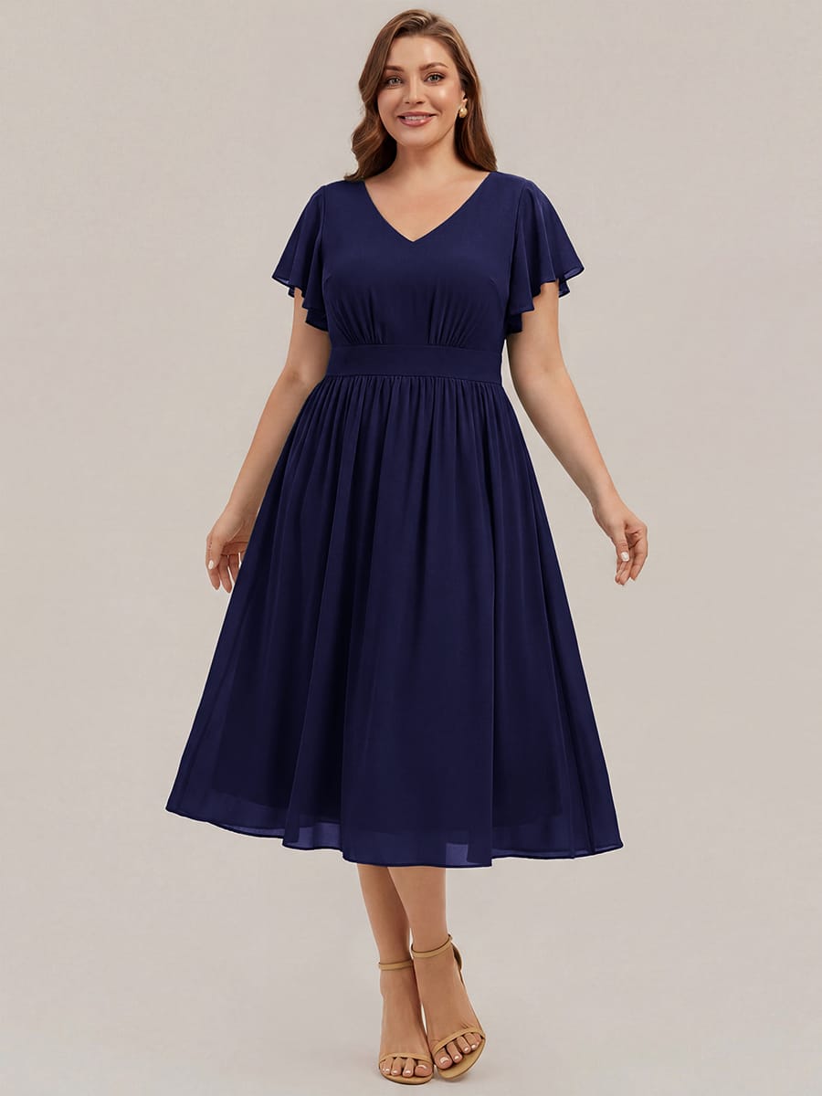 Chiffon Ruffle Sleeve A-line Dress #color_Navy Blue