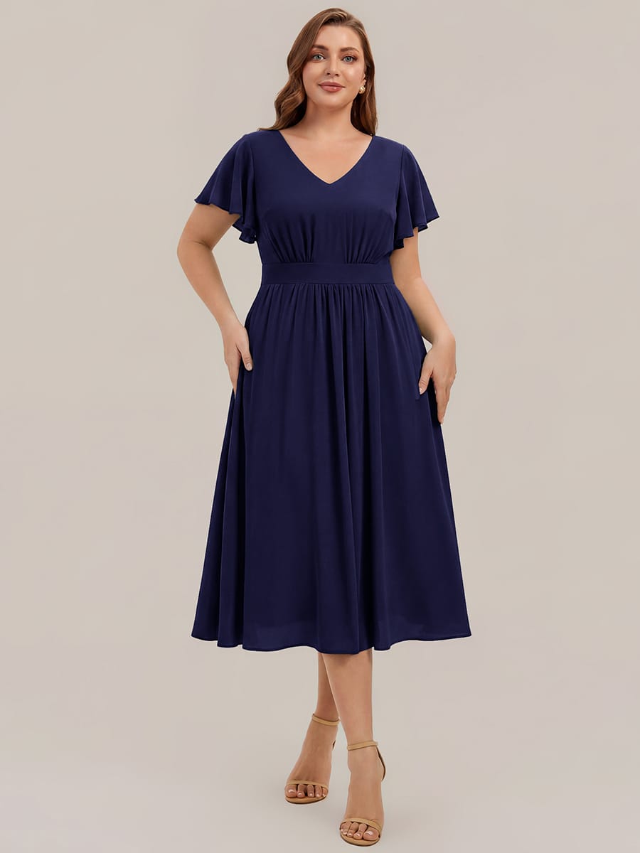 Chiffon Ruffle Sleeve A-line Dress #color_Navy Blue