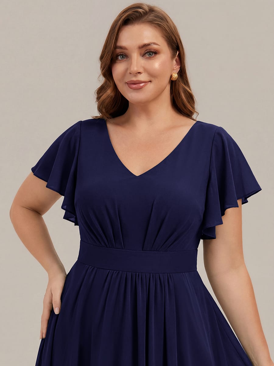 Chiffon Ruffle Sleeve A-line Dress #color_Navy Blue