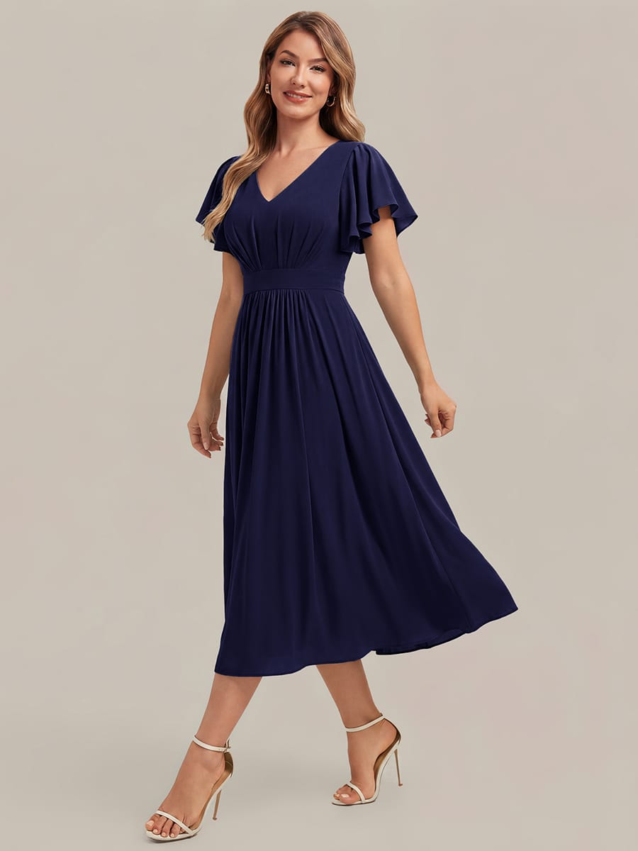 Chiffon Ruffle Sleeve A-line Dress #color_Navy Blue