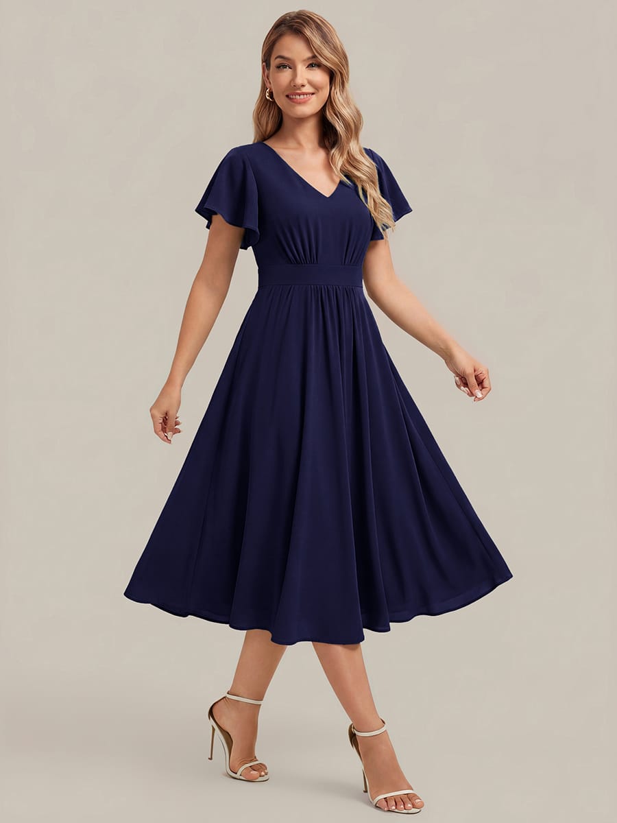 Chiffon Ruffle Sleeve A-line Dress #color_Navy Blue