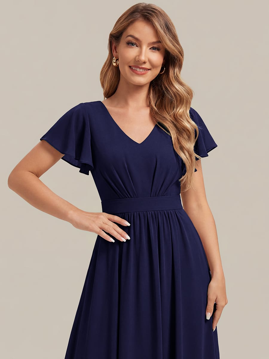 Chiffon Ruffle Sleeve A-line Dress #color_Navy Blue