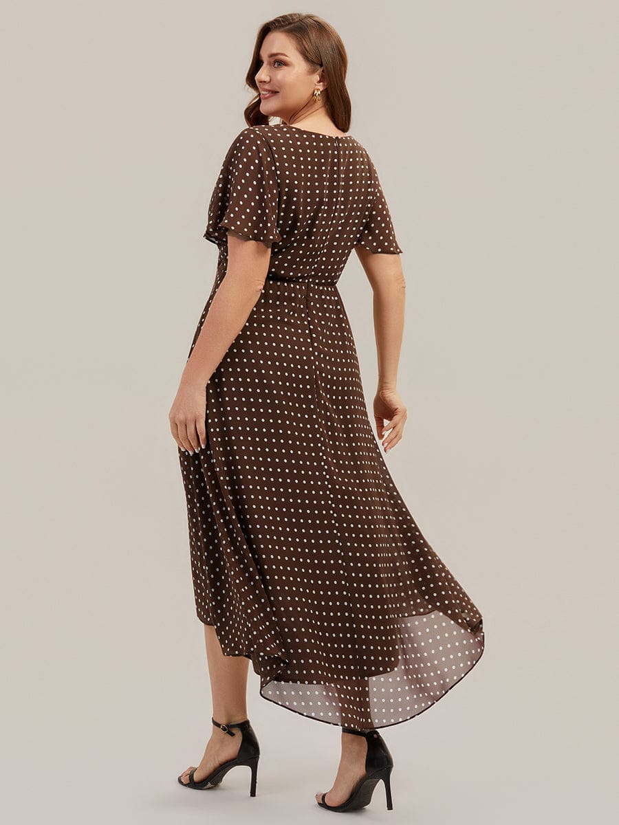 Floral Chiffon Ruffle Sleeve Dress #color_Brown Polka Dots