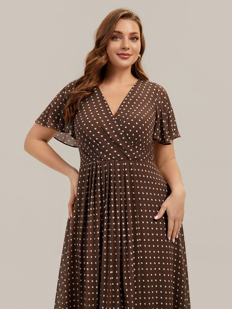 Floral Chiffon Ruffle Sleeve Dress #color_Brown Polka Dots