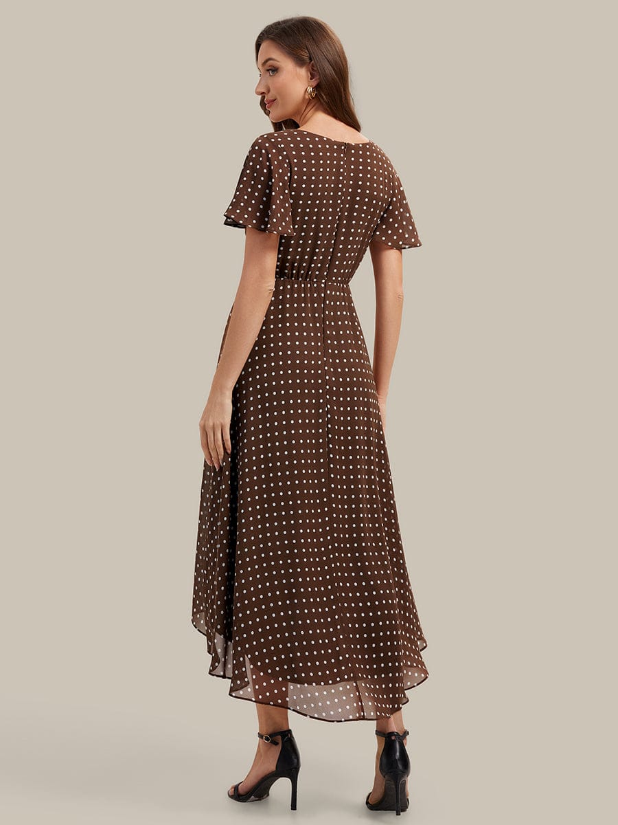 Floral Chiffon Ruffle Sleeve Dress #color_Brown Polka Dots