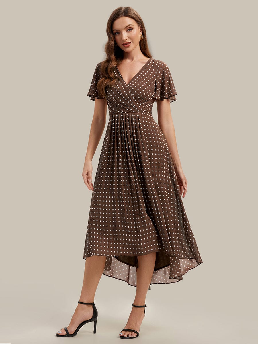Floral Chiffon Ruffle Sleeve Dress #color_Brown Polka Dots