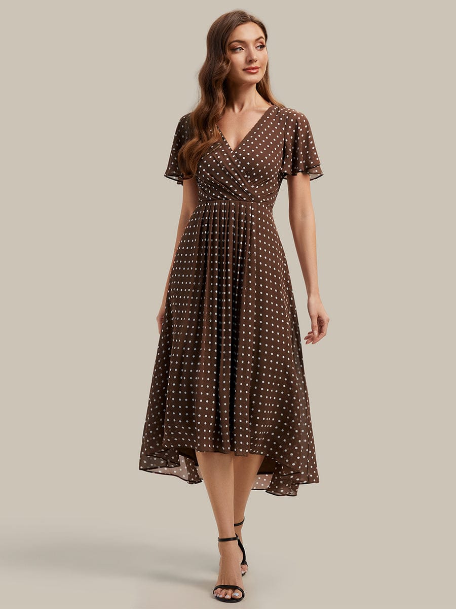 Floral Chiffon Ruffle Sleeve Dress #color_Brown Polka Dots