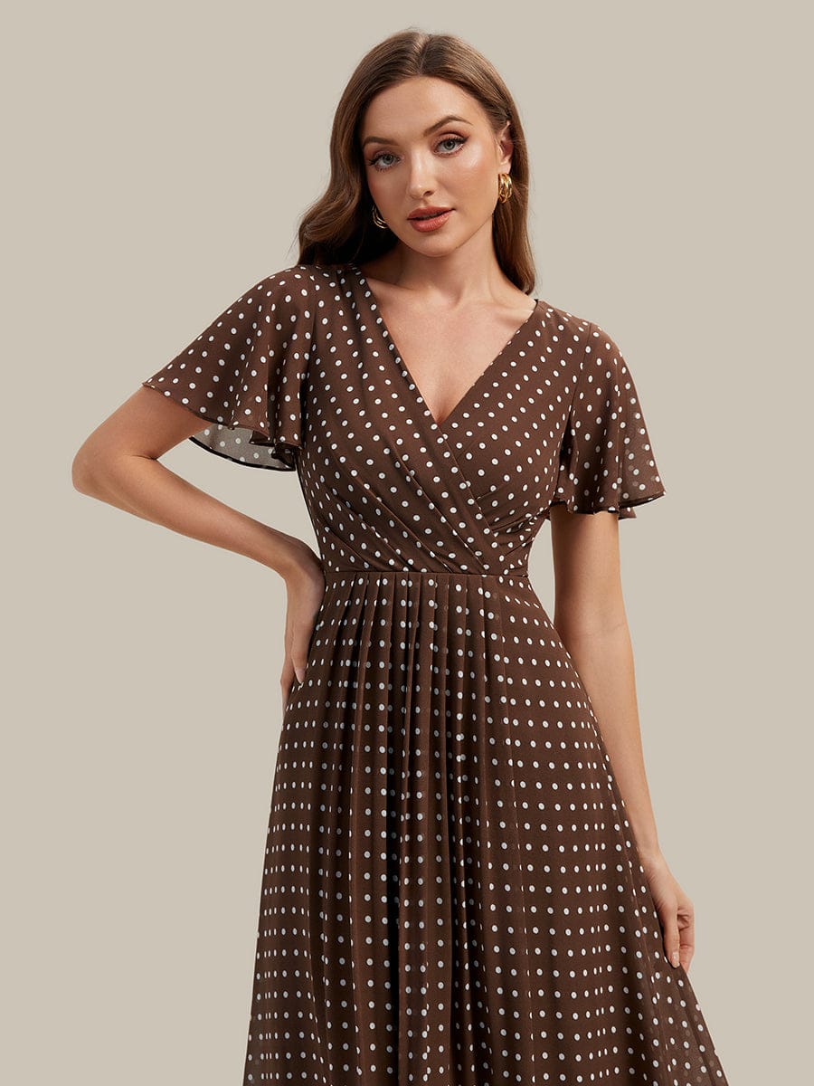 Floral Chiffon Ruffle Sleeve Dress #color_Brown Polka Dots