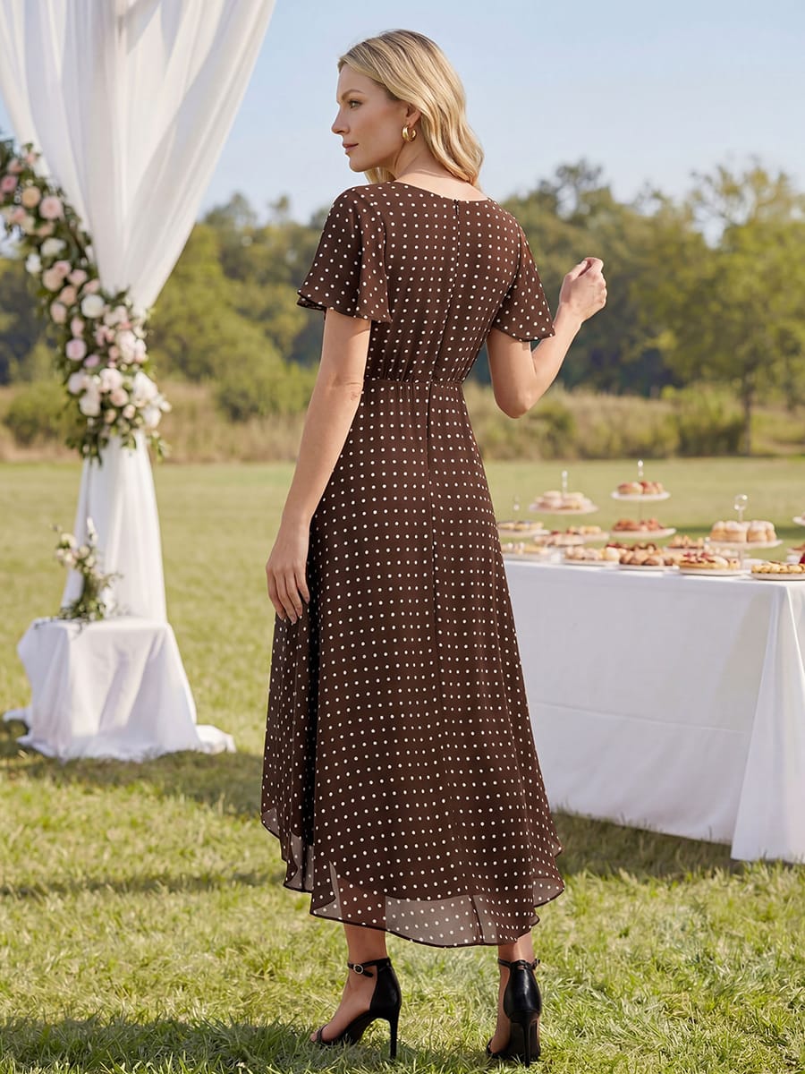 Floral Chiffon Ruffle Sleeve Dress #color_Brown Polka Dots