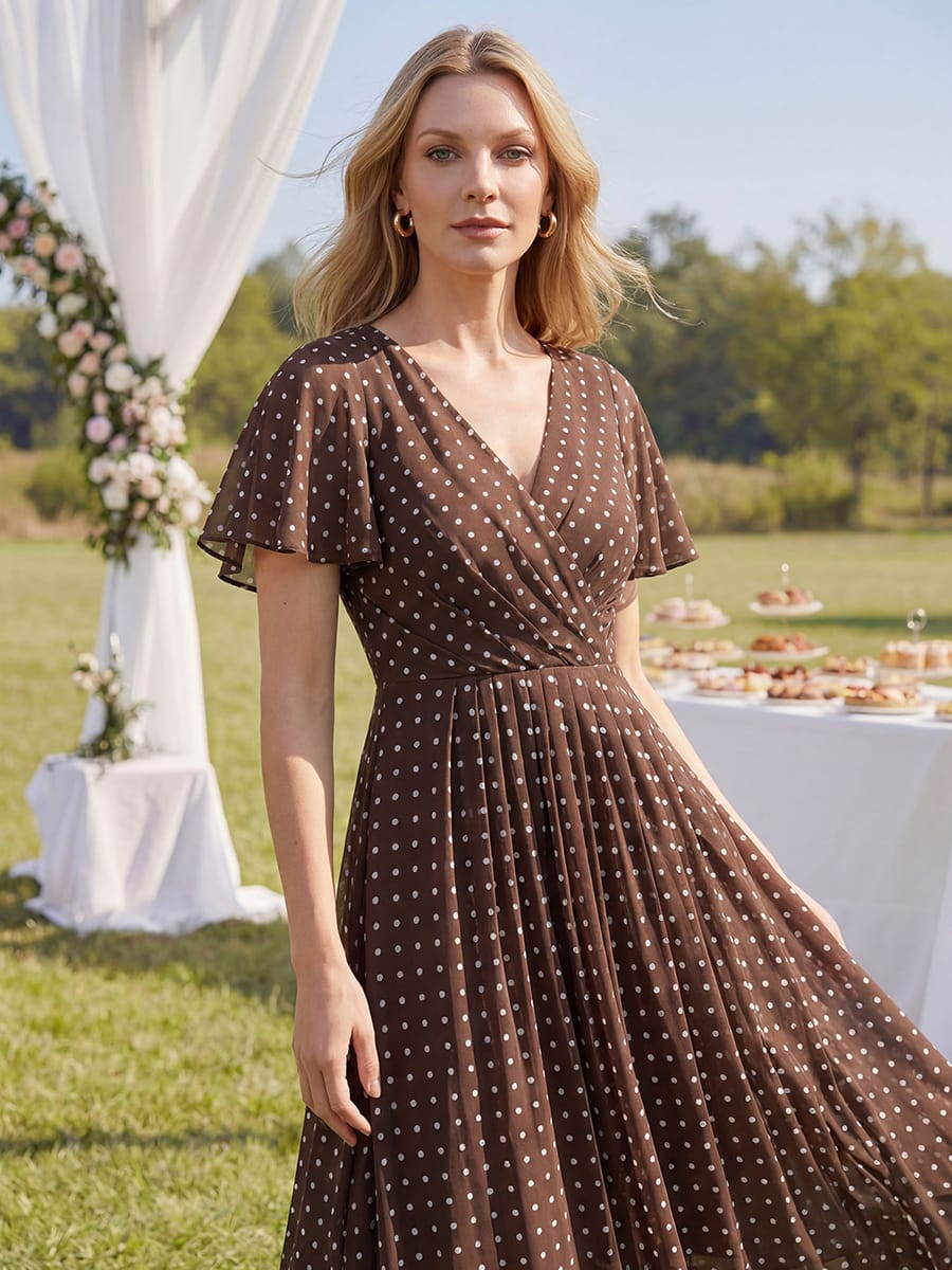 Floral Chiffon Ruffle Sleeve Dress #color_Brown Polka Dots
