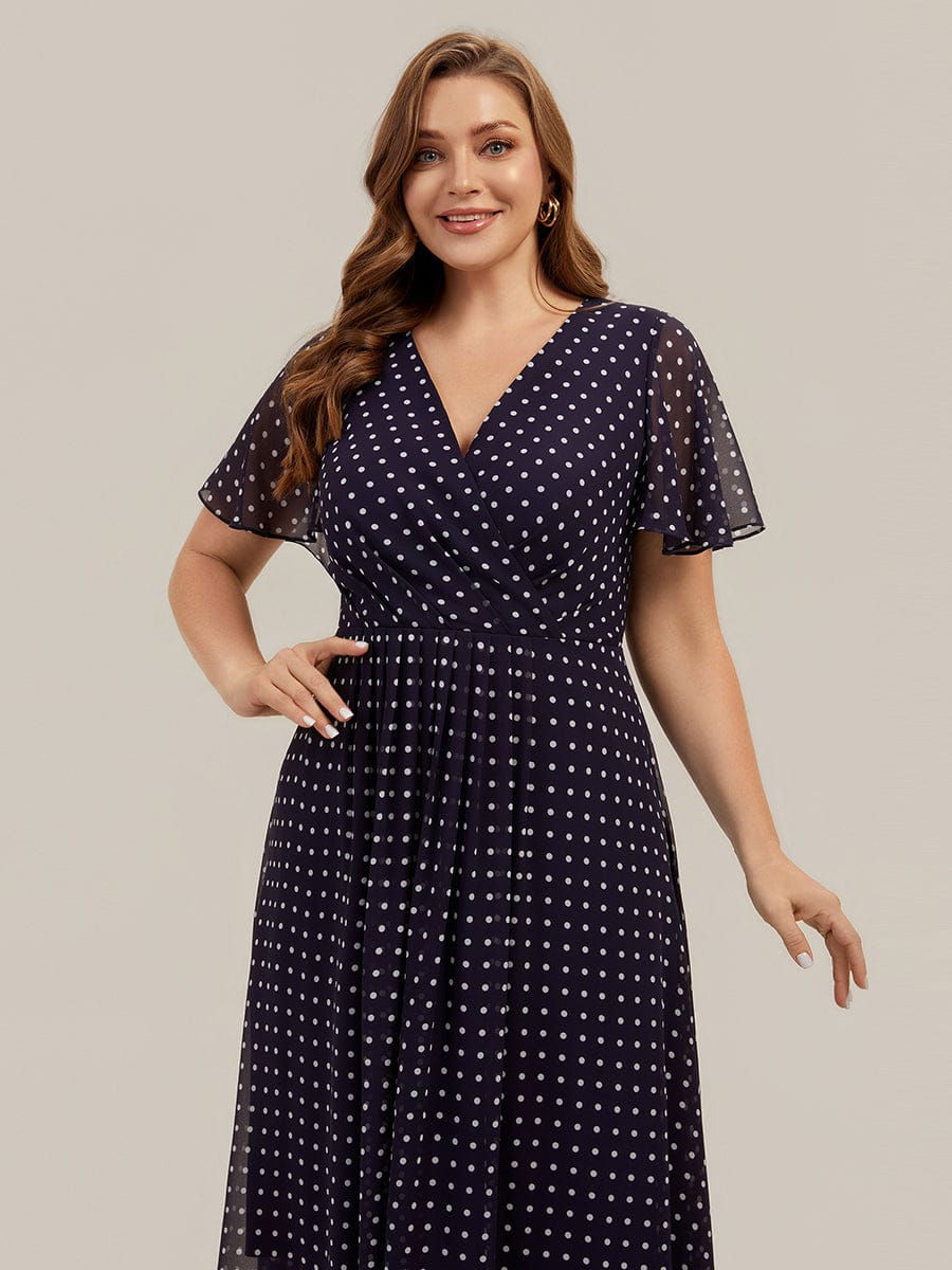 Floral Chiffon Ruffle Sleeve Dress #color_Navy Blue Polka Dots