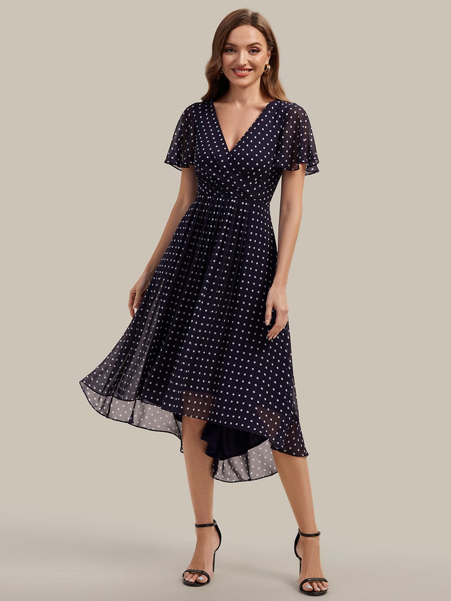 Floral Chiffon Ruffle Sleeve Dress #color_Navy Blue Polka Dots