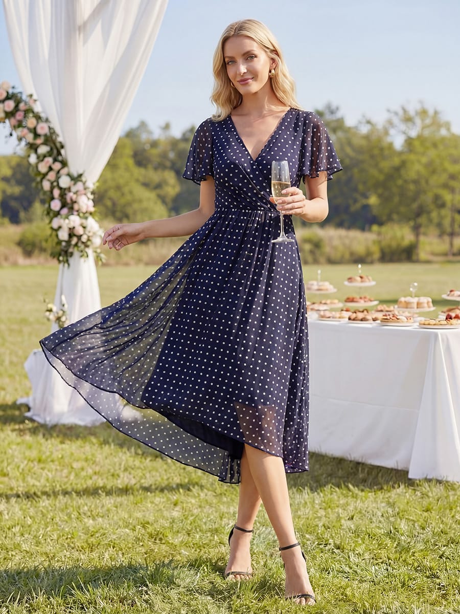 Floral Chiffon Ruffle Sleeve Dress #color_Navy Blue Polka Dots