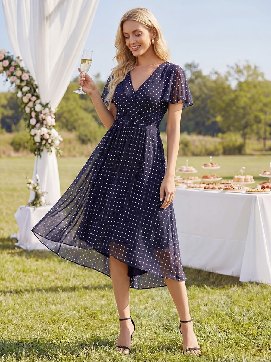 Floral Chiffon Ruffle Sleeve Dress #color_Navy Blue Polka Dots
