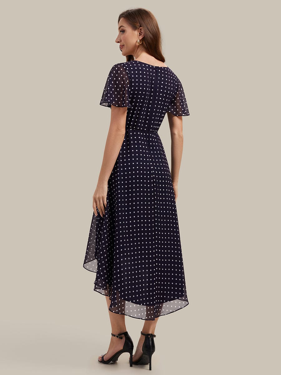 Floral Chiffon Ruffle Sleeve Dress #color_Navy Blue Polka Dots