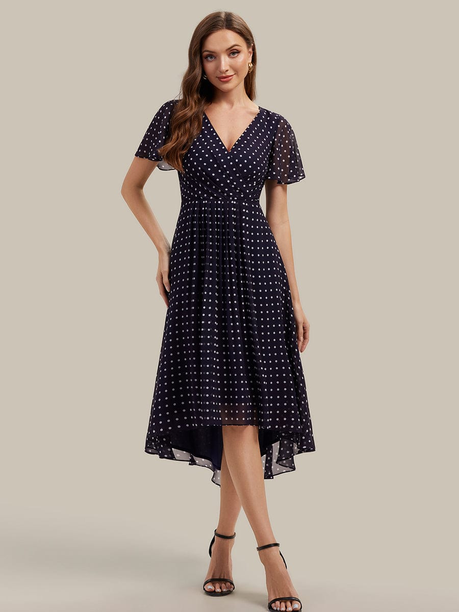 Floral Chiffon Ruffle Sleeve Dress #color_Navy Blue Polka Dots