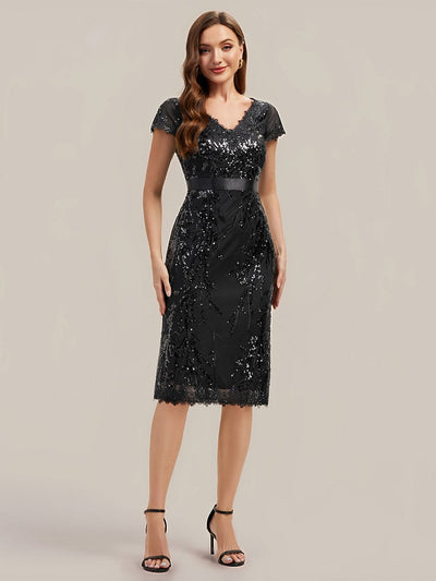 Deep V-Neck Sequin Cap Sleeve Dress