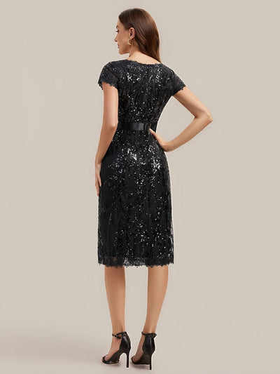 Deep V-Neck Sequin Cap Sleeve Dress #color_Black