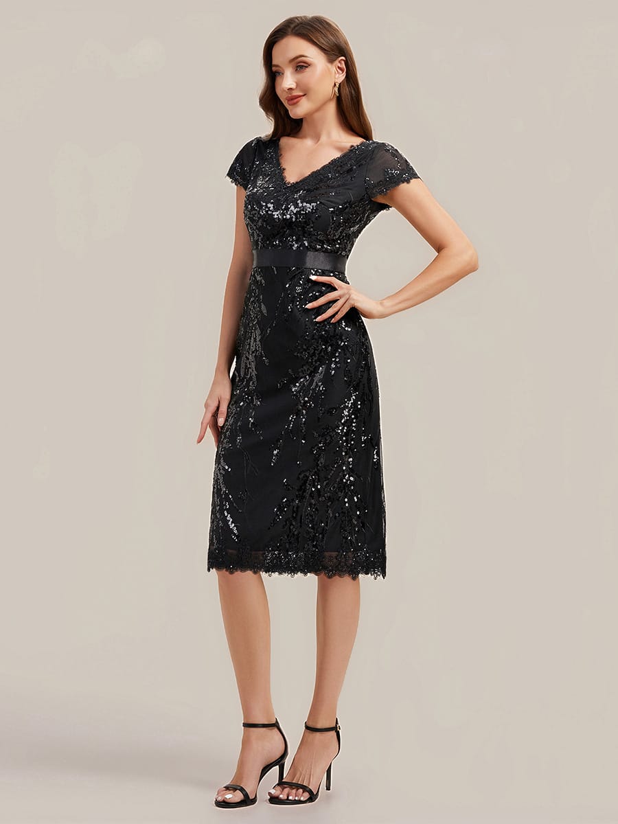Deep V-Neck Sequin Cap Sleeve Dress #color_Black