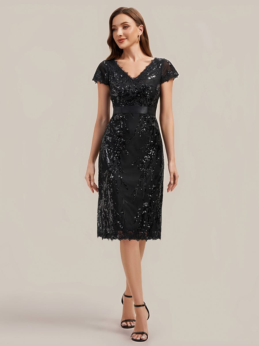 Deep V-Neck Sequin Cap Sleeve Dress #color_Black