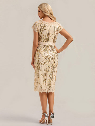 Deep V-Neck Sequin Cap Sleeve Dress