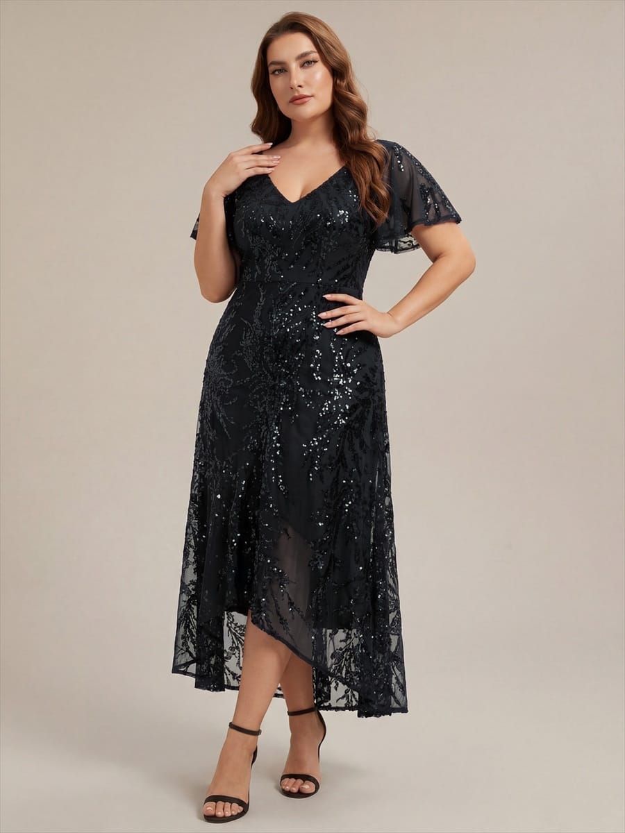 Ruffled Sequin Ruffle Sleeve Dress #color_Black