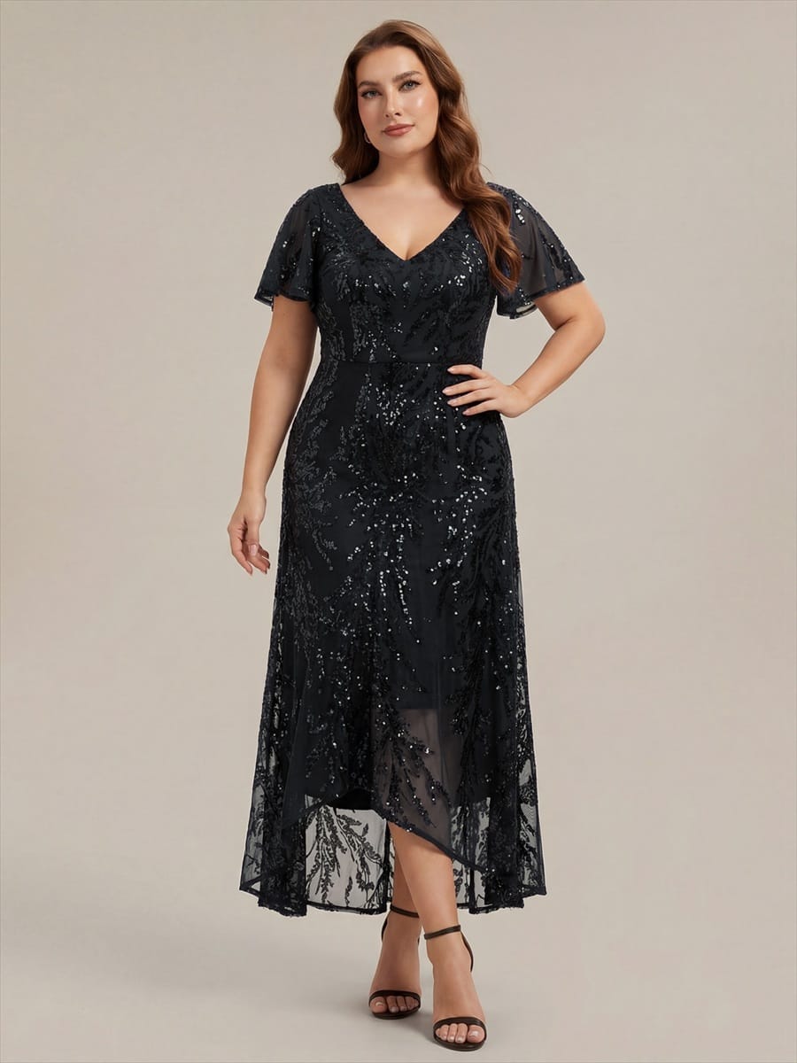 Ruffled Sequin Ruffle Sleeve Dress #color_Black