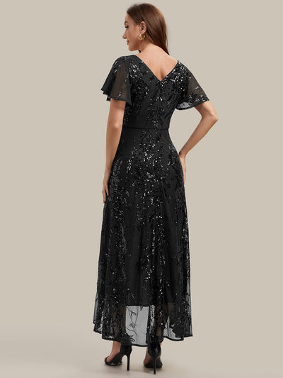 Sequin Ruffle Flutter Sleeve High Low Dress