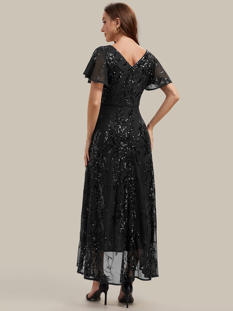 Ruffled Sequin Ruffle Sleeve Dress #color_Black