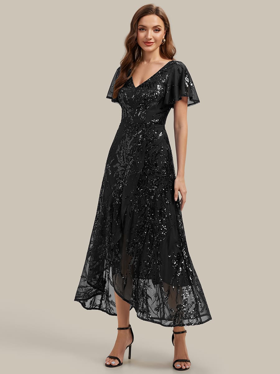 Ruffled Sequin Ruffle Sleeve Dress #color_Black
