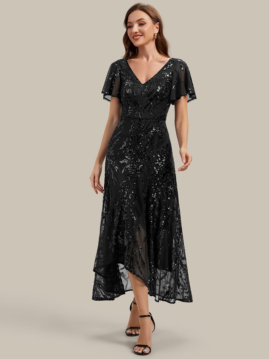 Ruffled Sequin Ruffle Sleeve Dress #color_Black