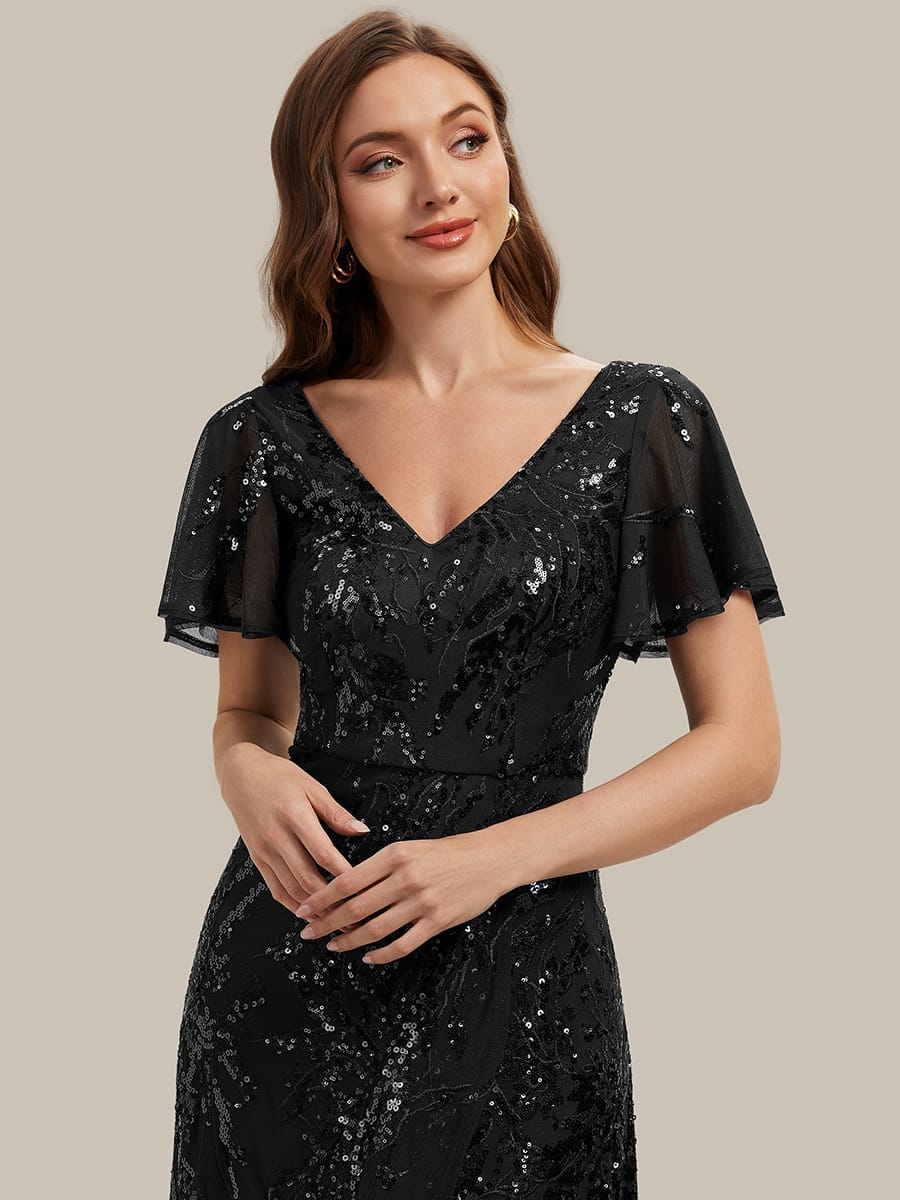 Ruffled Sequin Ruffle Sleeve Dress #color_Black